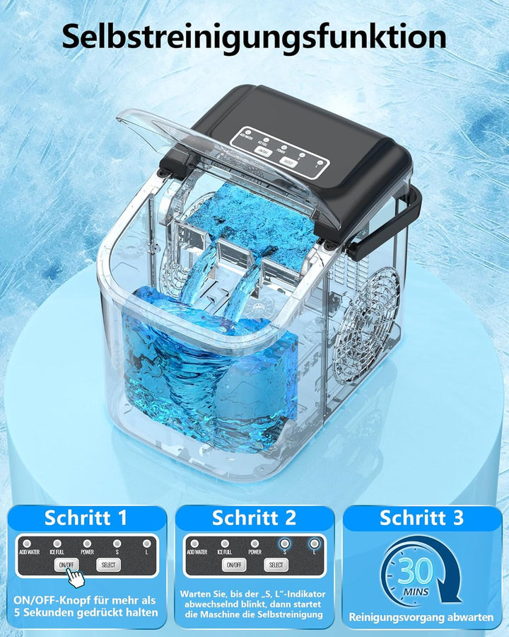 Eiswürfelmaschine Klein Ice Maker Machine: Tragbarer Eiswürfelbereiter, 12kg/24H, 8 Eiswürfel in 6 M