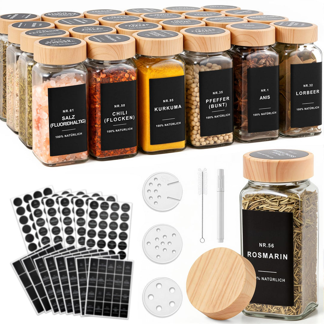 Gewürzgläser eckig mit Holzmaserung Deckel Set 24er : 120 ml Gewürzdosen Glas mit Etiketten & Streue