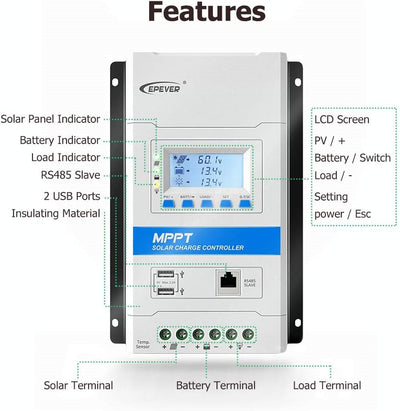 EPEVER® 20A MPPT Solarladeregler 12V/24V Automatische Erkennung der Systemspannung mit LCD-Display u