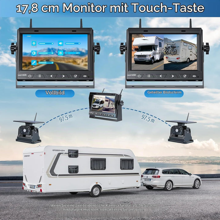 Magnetische Rückfahrkameras Funk Rückfahrkamera Kabellos Solar mit 10000mAh Akku, 7" Drahtlose Rückf