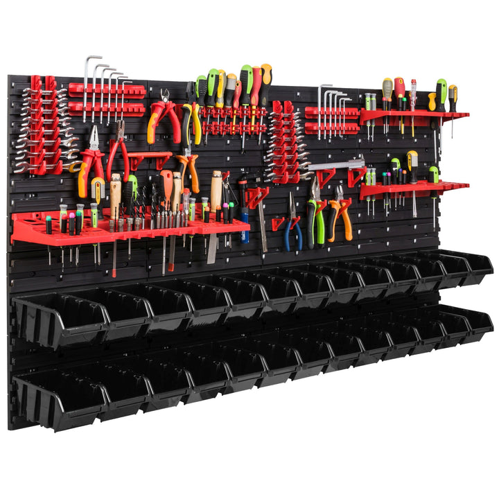 Lagersystem Werkstattregal | 156 x 78 cm | 26 stck. Box | Wandregal mit Werkzeughalterungen und Stap