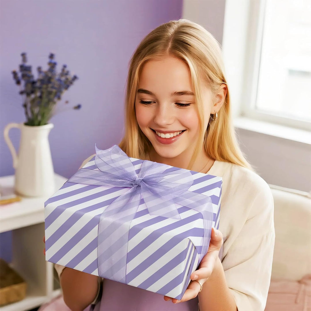 WRAPAHOLIC 76,2 cm wendbares lila Geschenkpapier – Jumbo-Rolle lila und gestreiftes Design für Gebur