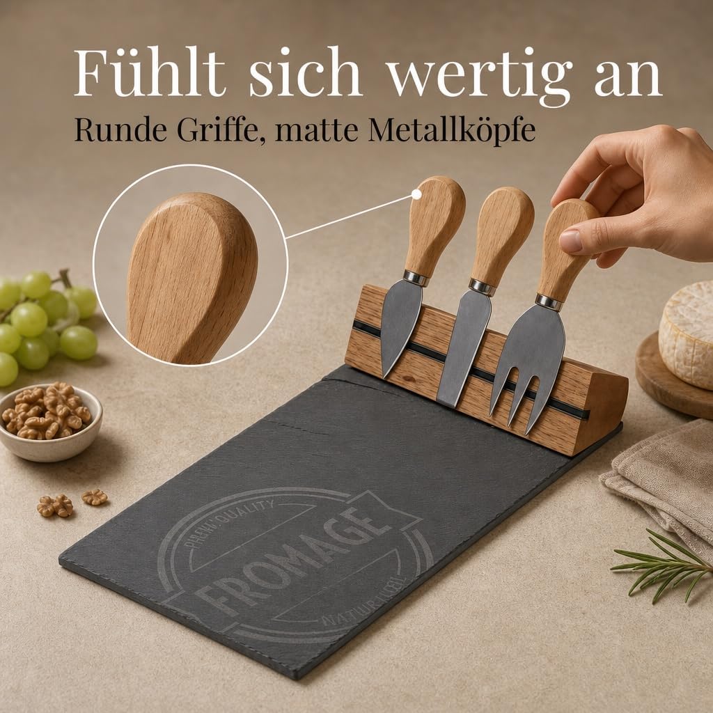 MIJOMA 4-TLG Set Holz-Käsebrett mit Käsemesser und Käsegabel, Käseplatte Käsebrettchen, 26 x 37 cm