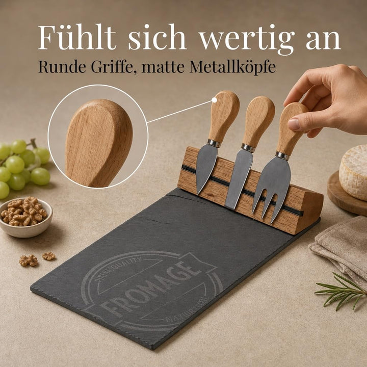 MIJOMA 4-TLG Set Holz-Käsebrett mit Käsemesser und Käsegabel, Käseplatte Käsebrettchen, 26 x 37 cm
