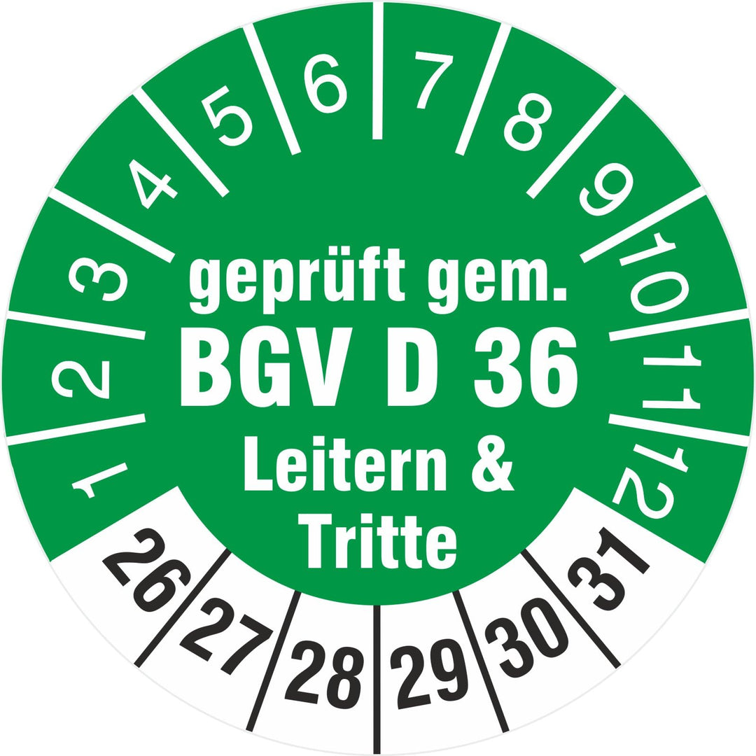 200 Prüfplaketten 30 mm geprüft gem. BGV D 36 Leitern & Tritte 2022-2027 Prüfetiketten 200 30mm Durc