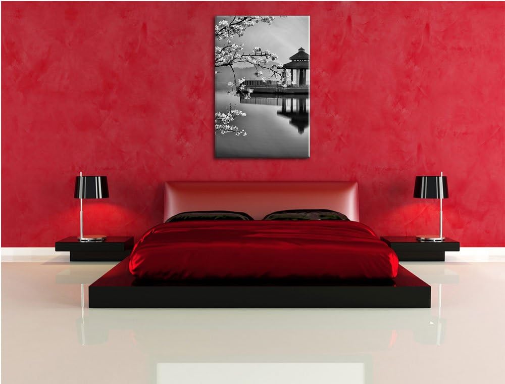 Pixxprint Monocrome, Kirschbaum am Japanischem See, Format: 100x70 auf Leinwand, 100x70