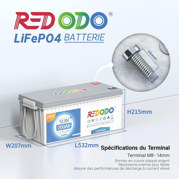Redodo 200Ah Plus Lithium Batterie 12,8V LifePO4, eingebaut 200A BMS, Über 4000 Zyklen, 2560W Lastle