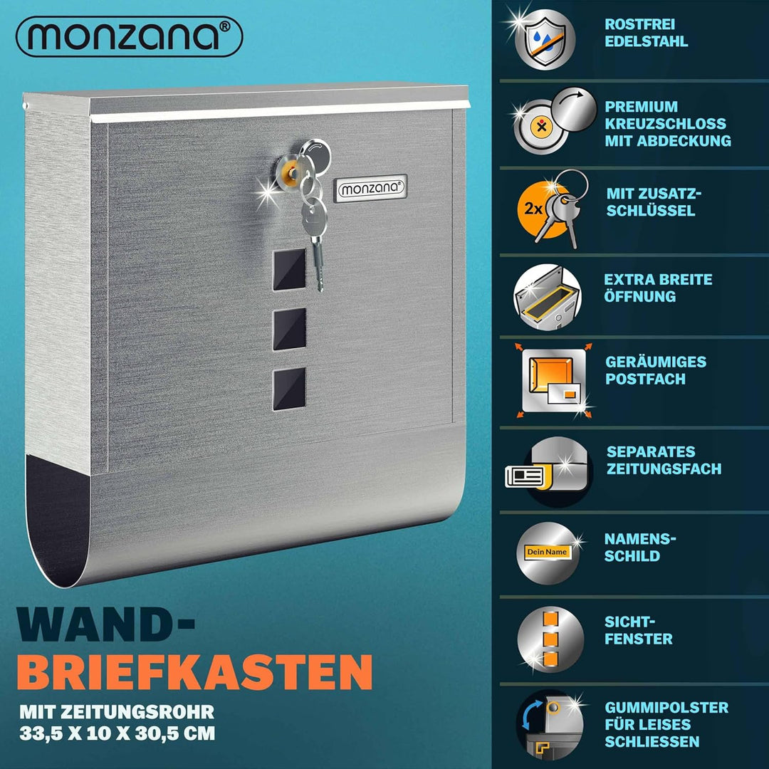 MONZANA® Briefkasten Kreuzschloss mit Kupfer-Schliesszylinder drehbare Abdeckung 31x10x34 cm Sichtfe