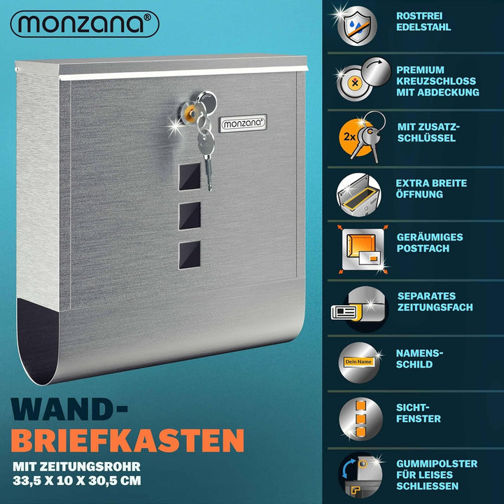 MONZANA® Briefkasten Kreuzschloss mit Kupfer-Schliesszylinder drehbare Abdeckung 31x10x34 cm Sichtfe