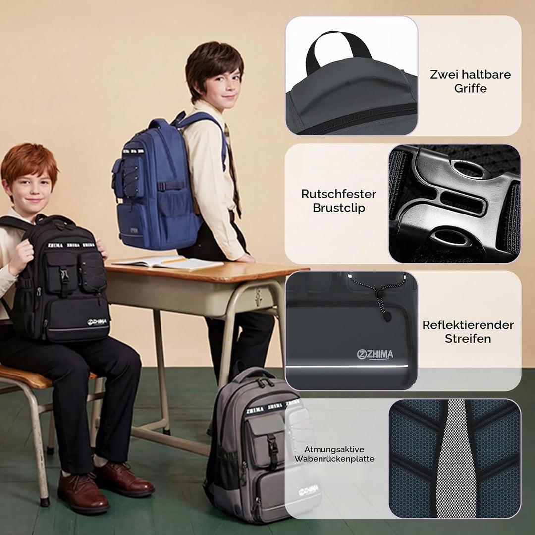 Amythe Schulrucksack Jungen Teenager, Rucksack Schule Gymnasium Oberstufe Schulranzen mit Reflektore