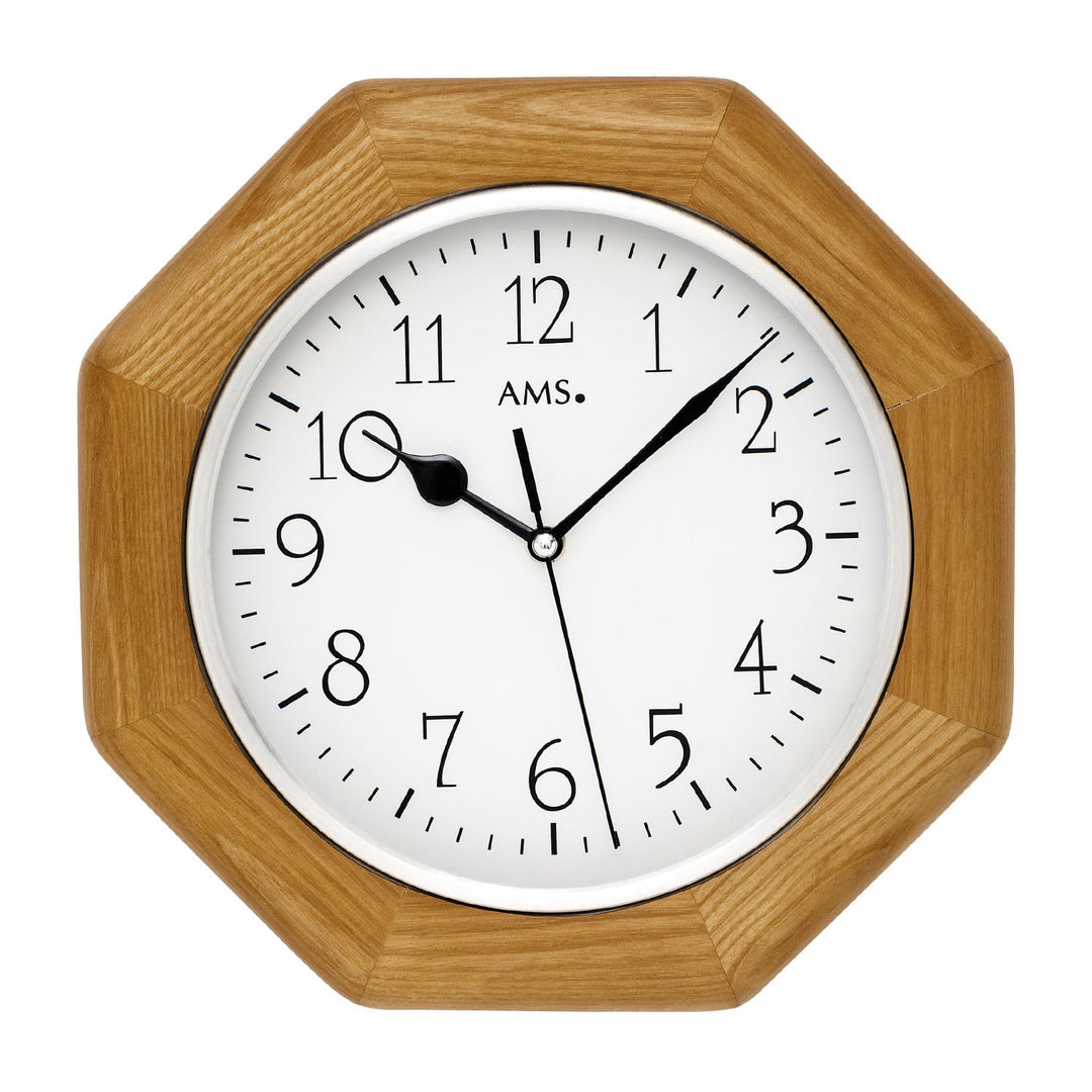 AMS Funk-Wanduhr 5512 Vaduz, Funk-Uhrwerk, Eiche, Achteck, Holzgehäuse, Aluminium-Frontreif, Mineral
