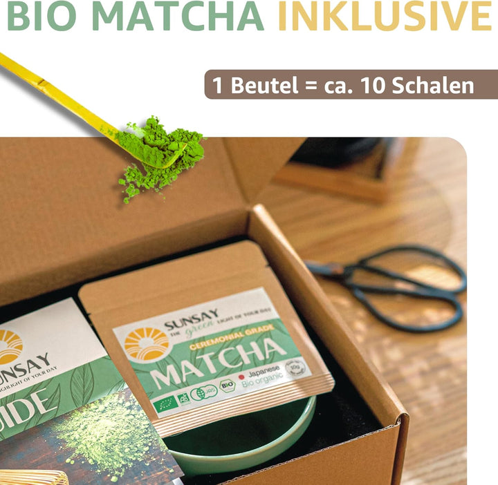 SUNSAY® MATCHA SET mit Japanischem Bio Matcha Tee – Komplettes Service-Set – Matcha-Schale, Bambusbe