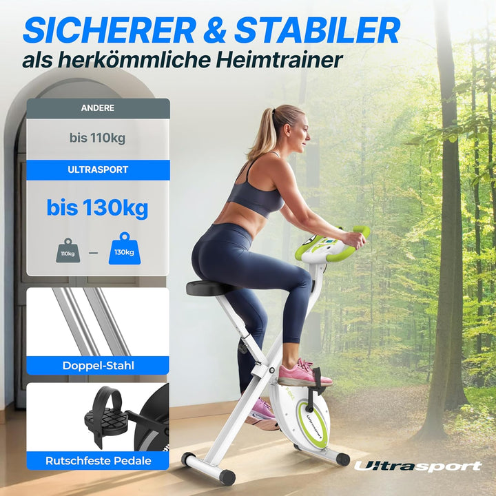 Ultrasport F-Bike, Fahrradtrainer, Heimtrainer, klappbarer Hometrainer, LCD Display, opt. Handpulsse