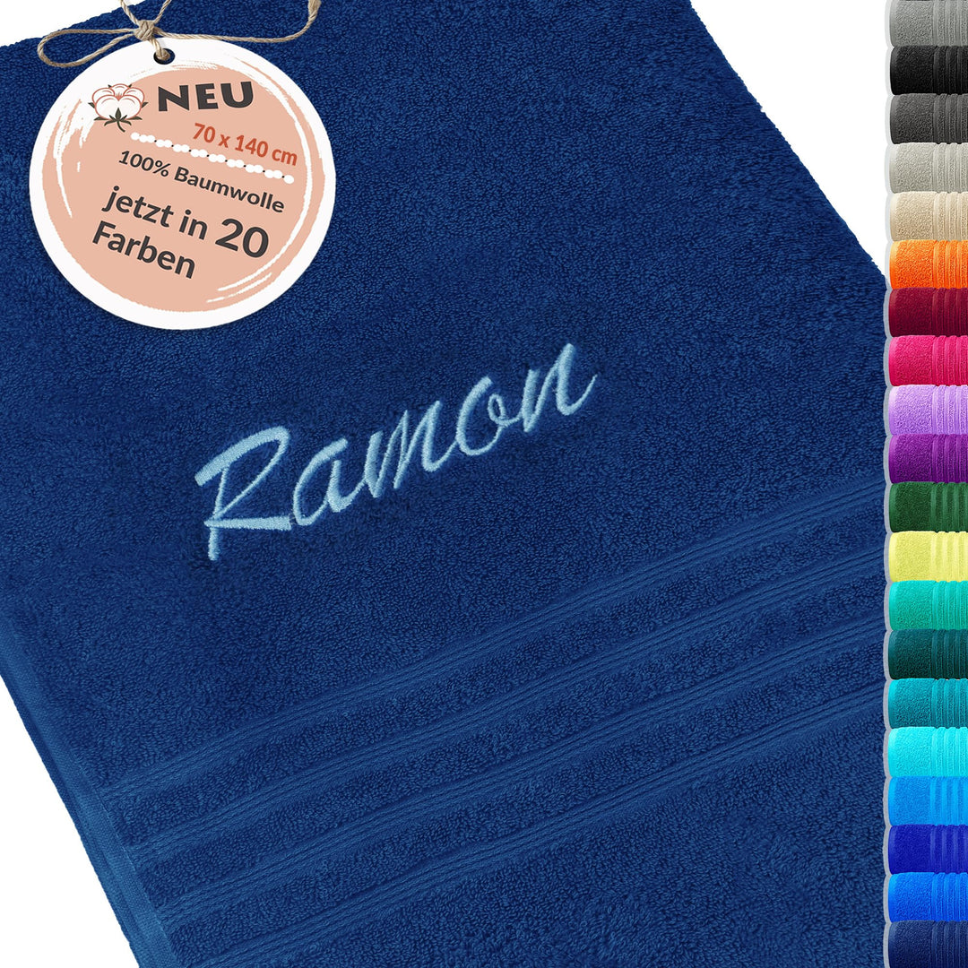 Lashuma Handtuch personalisiert mit Name, Duschtuch 70x140 cm Blau - Marine, Serie: London 70 x 140