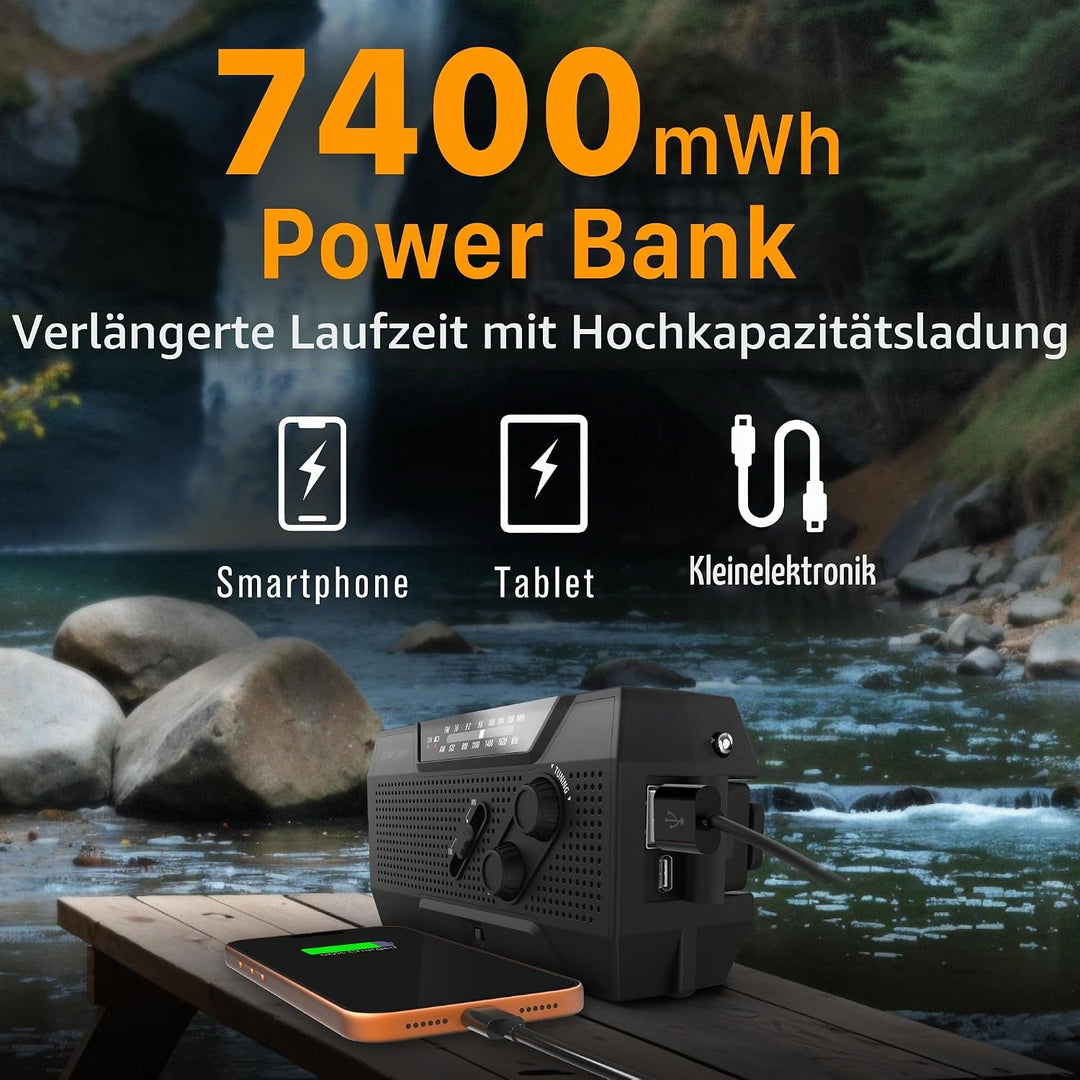 FosPower Notfallradio NOAA/AM/FM mit 7400mWh Tragbare Powerbank, Aufladung per USB/Solar/Handkurbel,