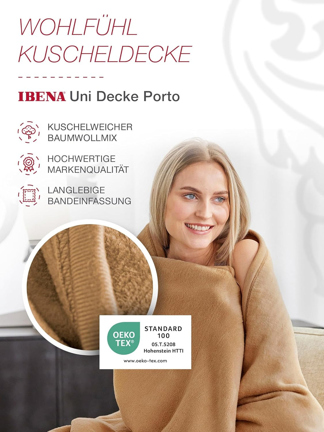 Ibena Porto Decke 150x200 cm – Baumwollmix weich, warm &amp; waschbar, Kuscheldecke cognac einfarbig 150