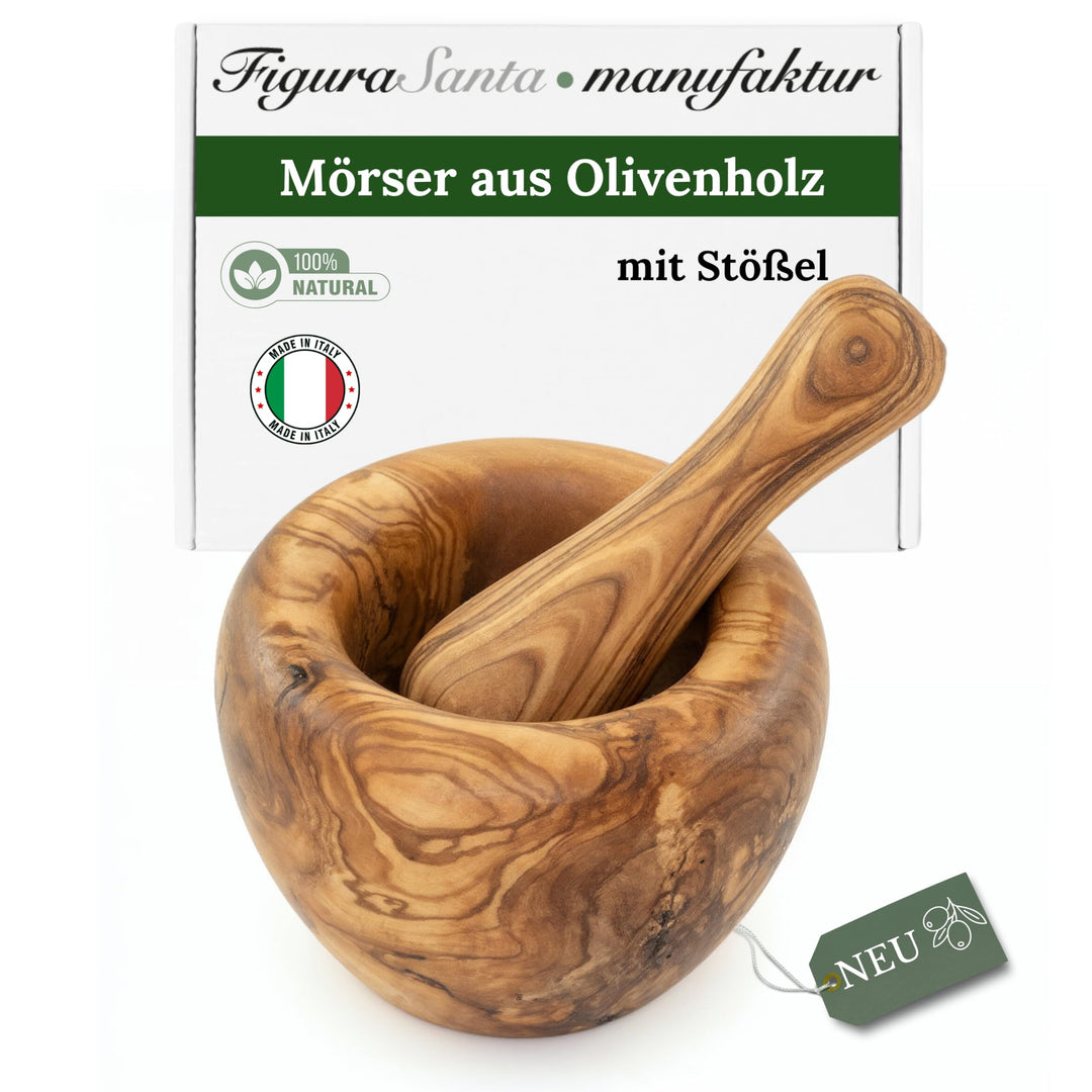 FiguraSanta Mörser aus Olivenholz mit Stössel - Handgefertigter Gewürz- & Kräutermörser - Hochwertig