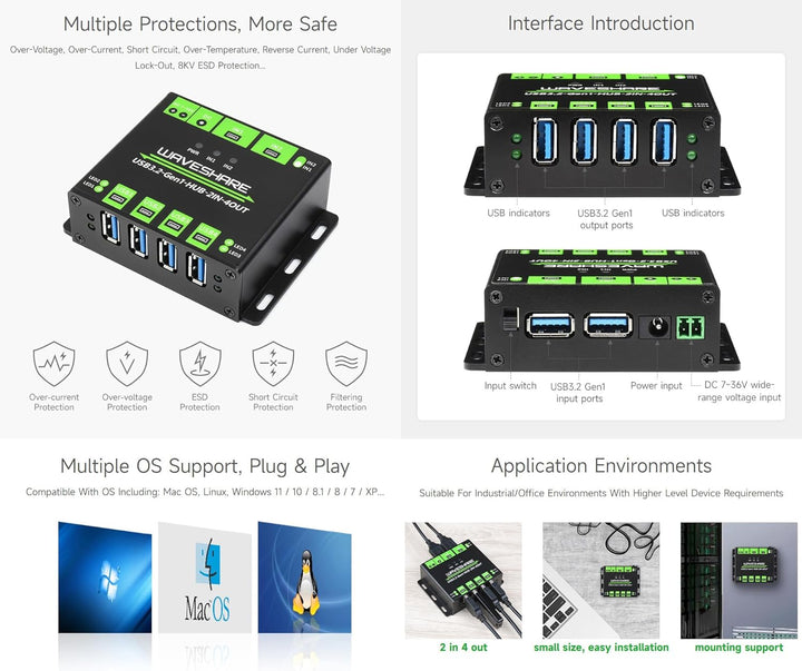 Waveshare Industrial Grade USB HUB, Extending 4X USB 3.2 Ports, Switchable Dual Hosts, Multi Protect