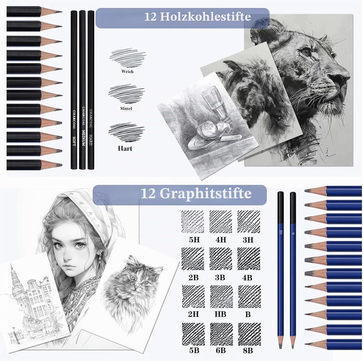 71 Stück Zeichenset, Malutensilien für Erwachsene, Künstler und Anfänger, Zeichenstifte Set mit Skiz
