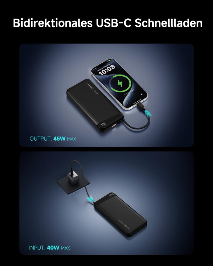 Power Bank, 20000mAh 45W Schnellladen mit Integriertem USB-C Kabel, Externe Handyakkus Kompatibel mi