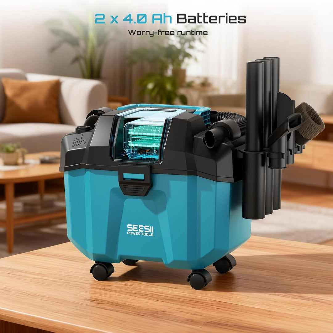SEESII Akku Nass und Trockensauger, 3-in-1 Werkstattsauger mit Gebläse 2x4000mAh Batterien, 10L Nass