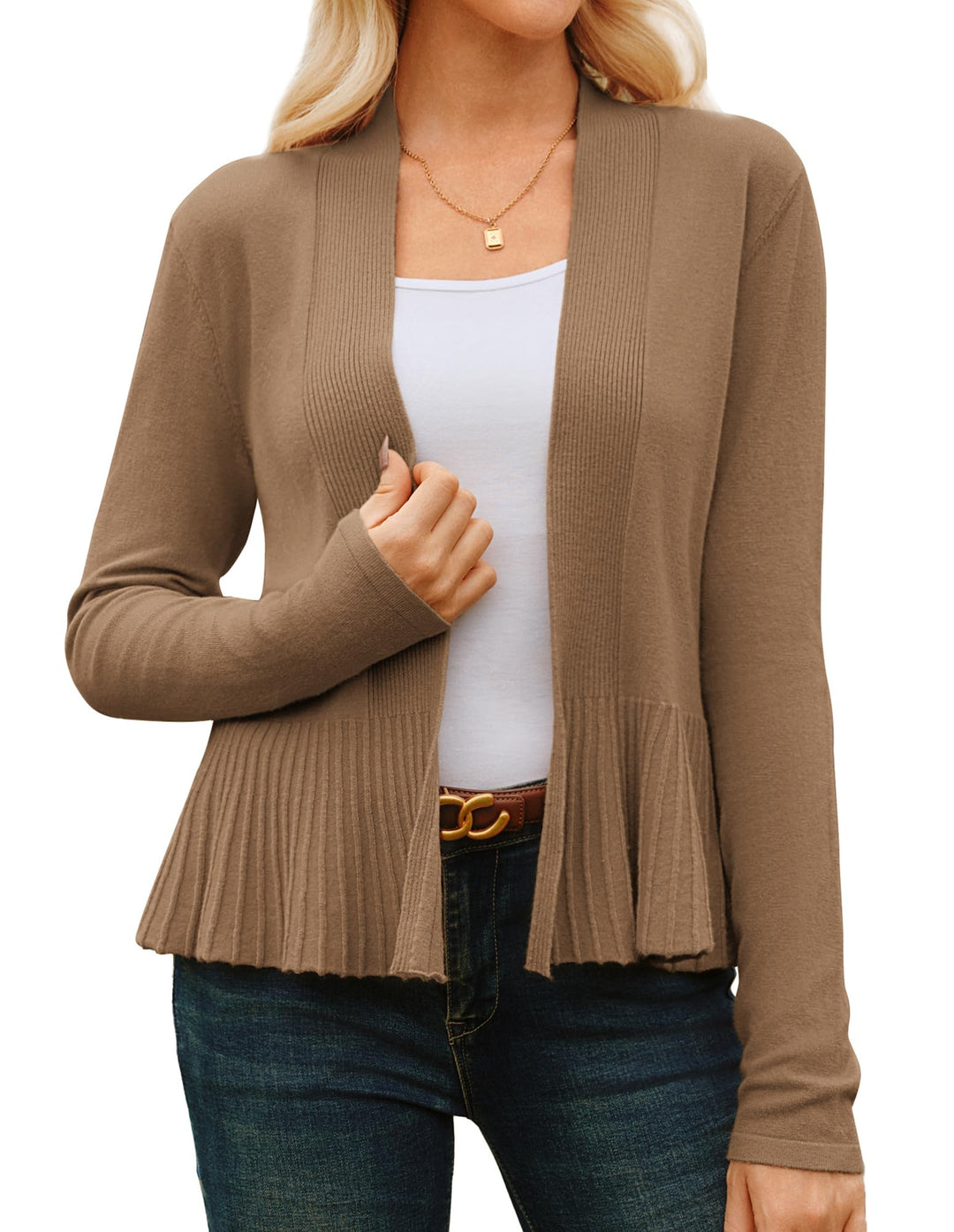 GRACE KARIN Damen Strickjacke Leicht Lange Ärmel Candigan offene Vorderseite Bolero mit Raffung Eleg
