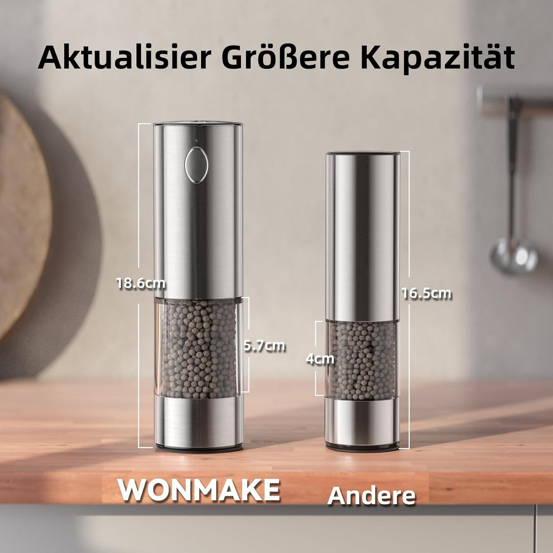 WONMAKE Salz und Pfeffermühle elektrisch Set mit verstellbarem Keramikmahlwerk,USB Wiederaufladbar S