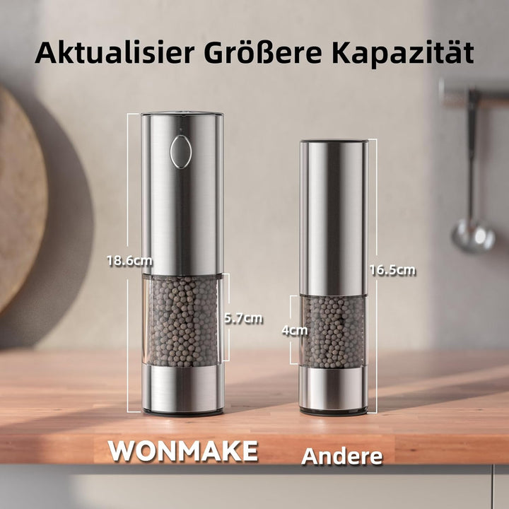 WONMAKE Salz und Pfeffermühle elektrisch Set mit verstellbarem Keramikmahlwerk,USB Wiederaufladbar S