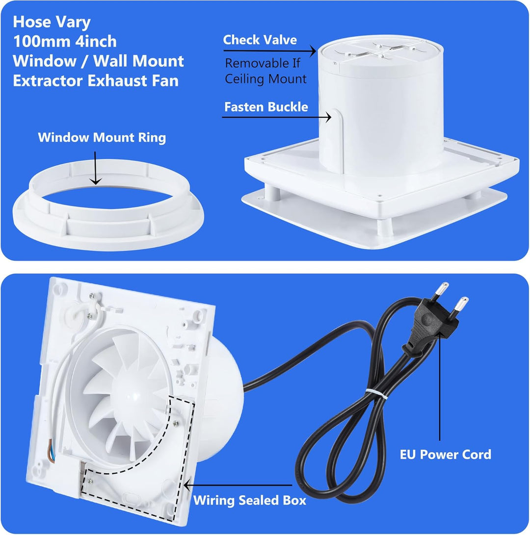 100mm Badlüfter Abluftventilator | Wandventilator Abluftventilator mit Rückstauklappe, EU-Stecker fü