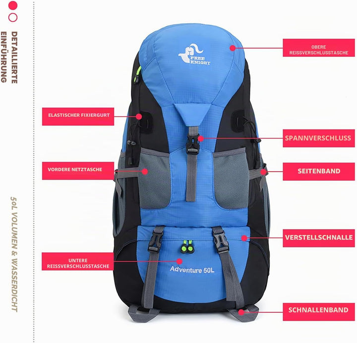 Bseash 50L Leichter wasserfester Wanderrucksack, Outdoor Sport Tagesrucksack Multifunktions Reisetas