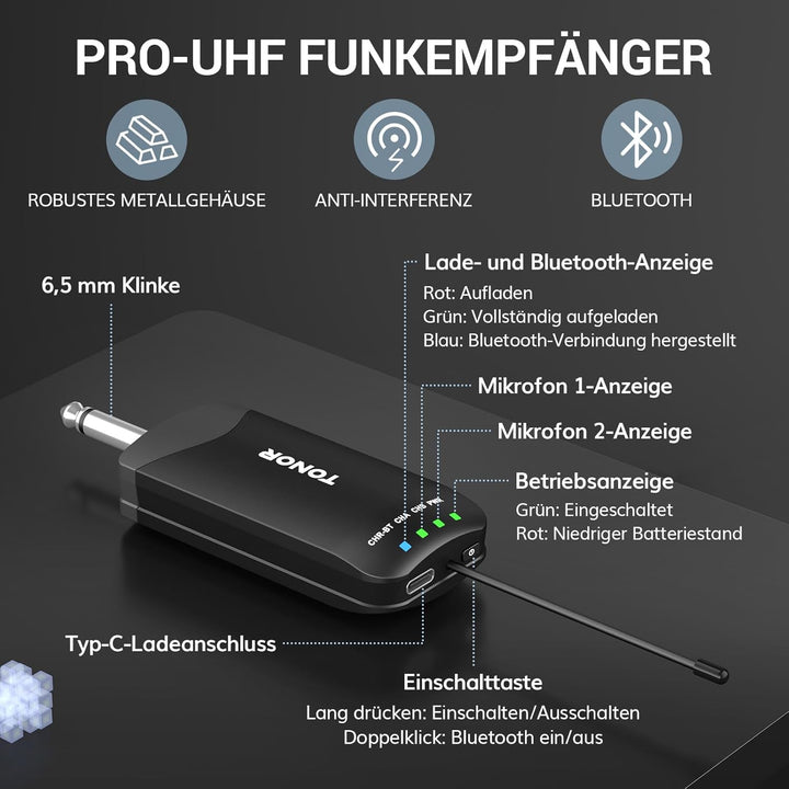 TONOR Mikrofon Kabellos, Bluetooth Wiederaufladbares Funkmikrofon, Metall UHF Drahtloses Mikrofon Se