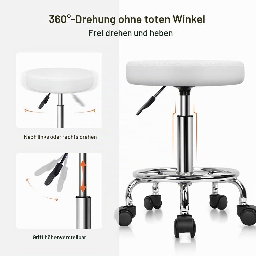 KKTONER Rollhocker höhenverstellbar drehbar Barhocker Arbeitshocker aus Kunstleder Bürohocker Weiss,