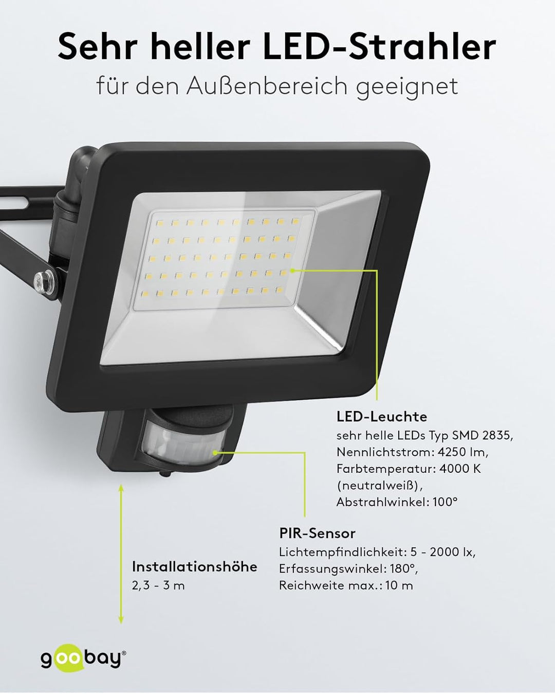 goobay 53883 LED Strahler Bewegungsmelder Aussen 50W / PIR Sensor Aussenstrahler IP44 / Neutralweiss