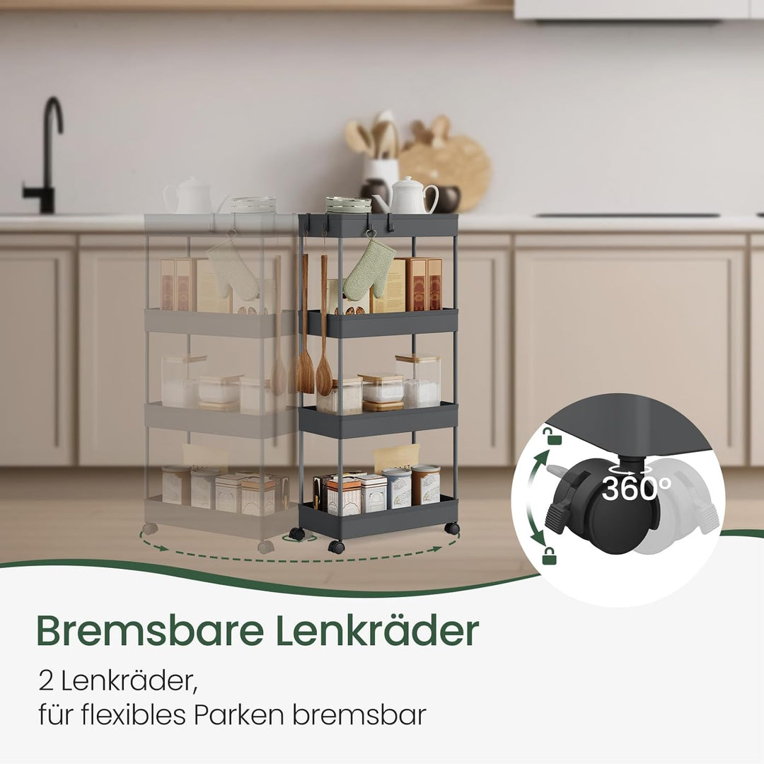 Servierwagen mit 4 Ebenen, Küchenwagen Nischenwagen Nischenregal mit Rollen, durchbrochendem Design,