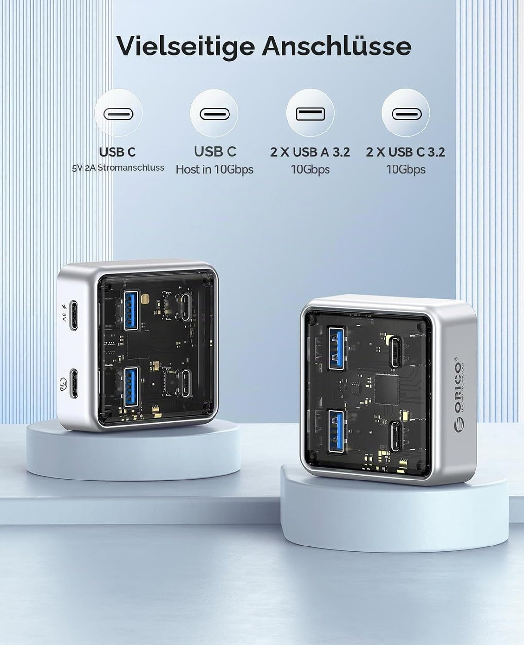 ORICO USB Hub 3.2, 4 Port USB 3.2 Gen2 Verteiler mit 2 Typ A/C Anschlüsse, 10Gbps Zinklegierung Mult