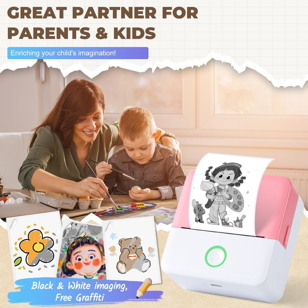 PRAOAHEI Mini Drucker, Tragbarer Fotodrucker mit 10 Rollen Druckerpapier, Bluetooth-Etikettendrucker