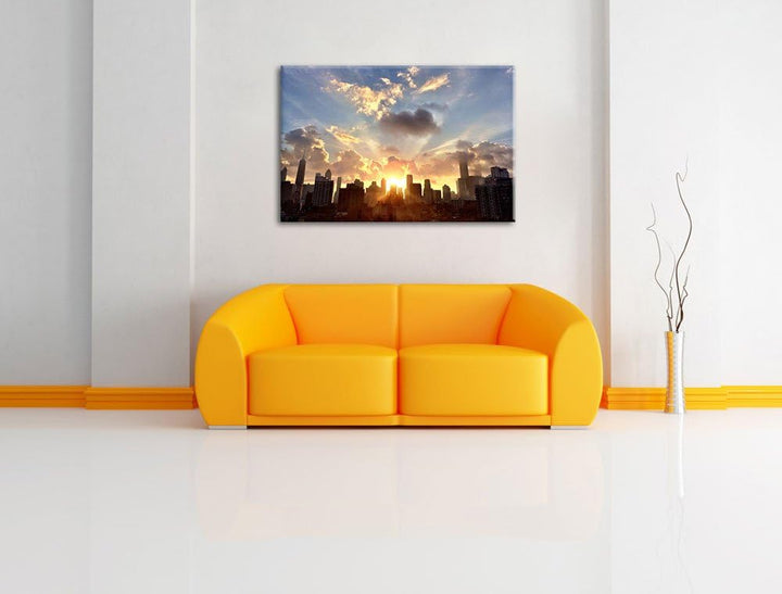 Chicago Skyline im Sonnenaufgang Format: 100x70 auf Leinwand, XXL riesige Bilder fertig gerahmt mit