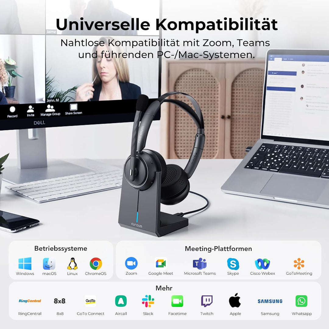 Nuroum HP31D 2026 Bluetooth Headset mit Mikrofon Wireless, KI Rauschunterdrückung für Anrufe,45 Std.