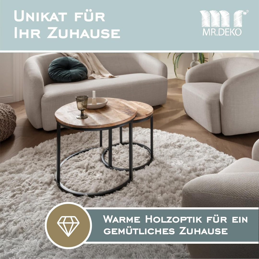 Mr. Deko Couchtisch 2er Set Fermo Mango Natur | Mangoholz | Vintage Optik | Kleine runde Beistelltis