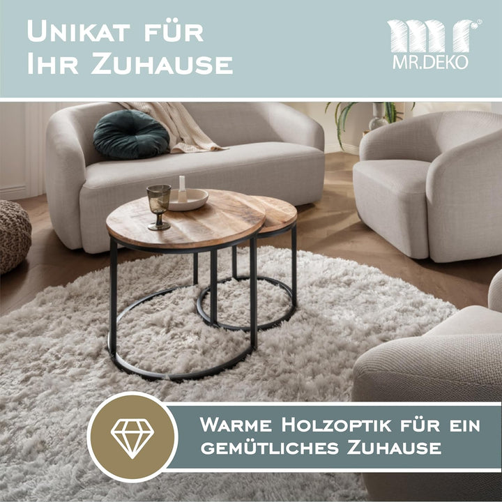 Mr. Deko Couchtisch 2er Set Fermo Mango Natur | Mangoholz | Vintage Optik | Kleine runde Beistelltis