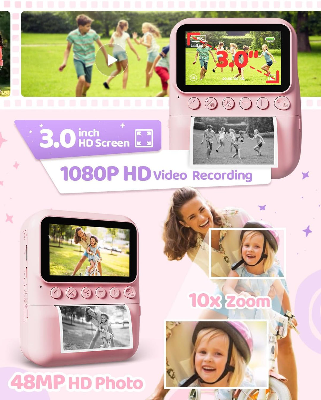 Kinderkamera Sofortbildkamera, 48MP 3.0 Zoll Sofortbildkamera Kinder mit 32G Karte & 3 Rollen Druckp