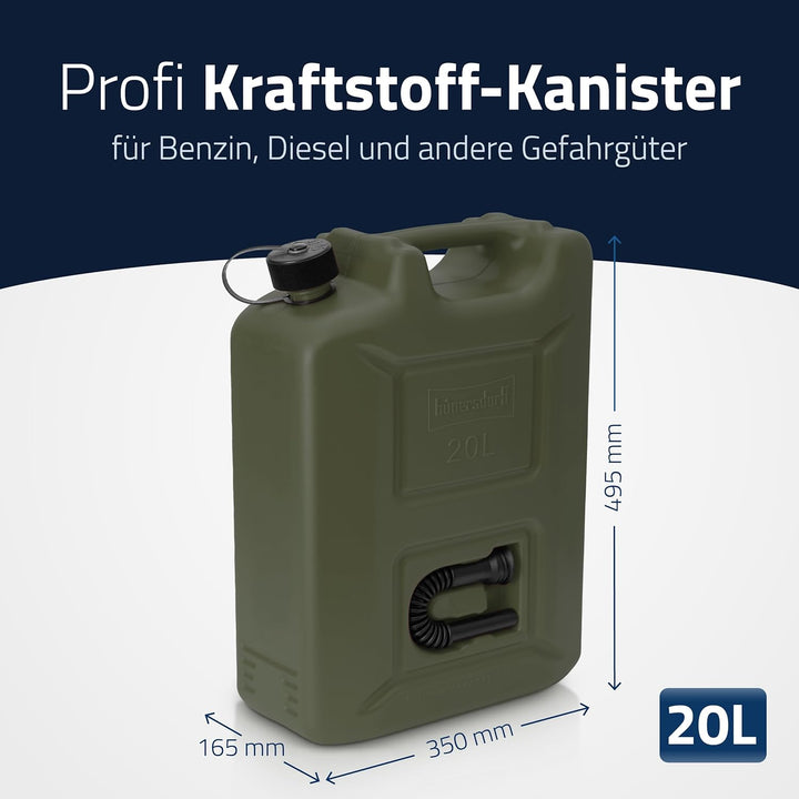 hünersdorff 802010 Kraftstoff-Kanister Profi 20L für Benzin, Diesel und andere Gefahrgüter, UN-Zulas