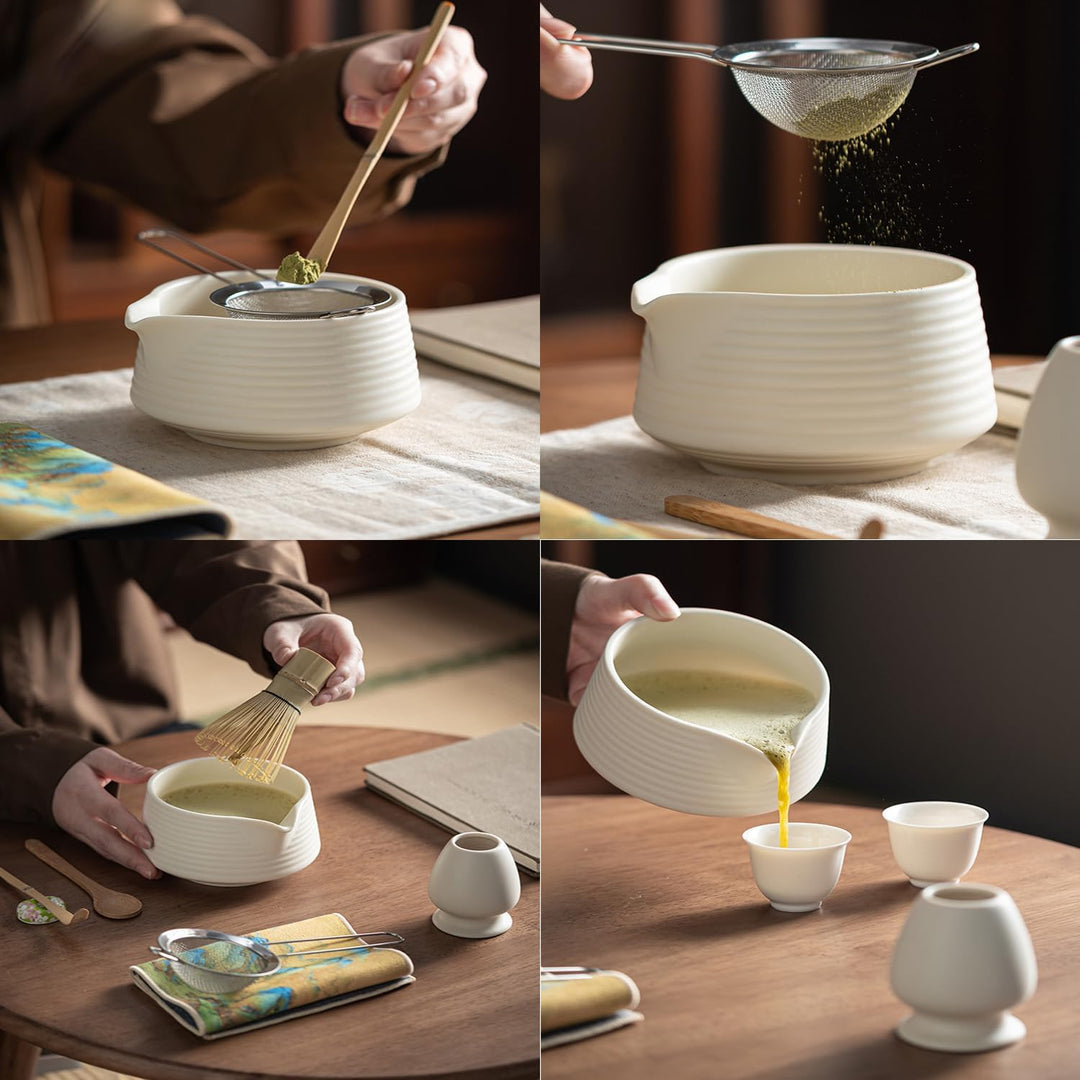 6 Piece Matcha Tea Set Beige Weiss,Matcha Besen Set, with Matcha Whisk, Matcha Broom,Matcha Schale,M