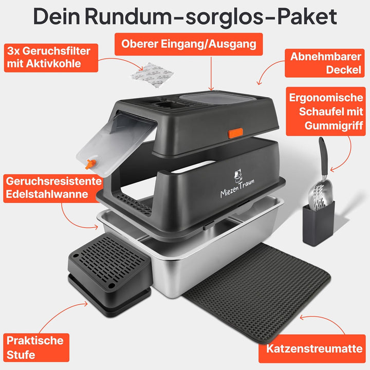 Edelstahl Katzenklo XXL - Grosse Geschlossene Katzentoilette mit Deckel, Premium Schaufel & Ergonomi