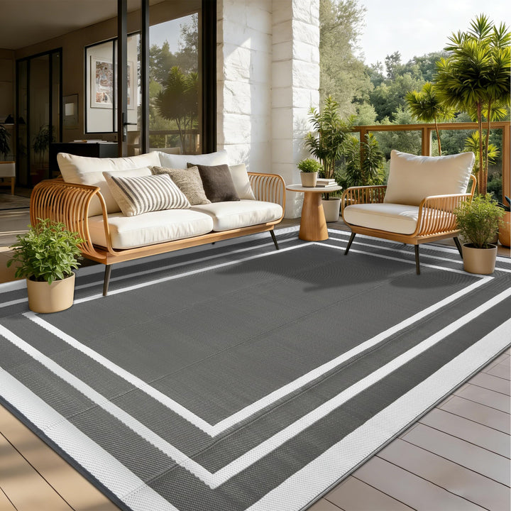 Outdoor Teppich Wetterfest Grau 150x245cm Kunststoff Picknickdecken Wasserfest Reversible Camping Te