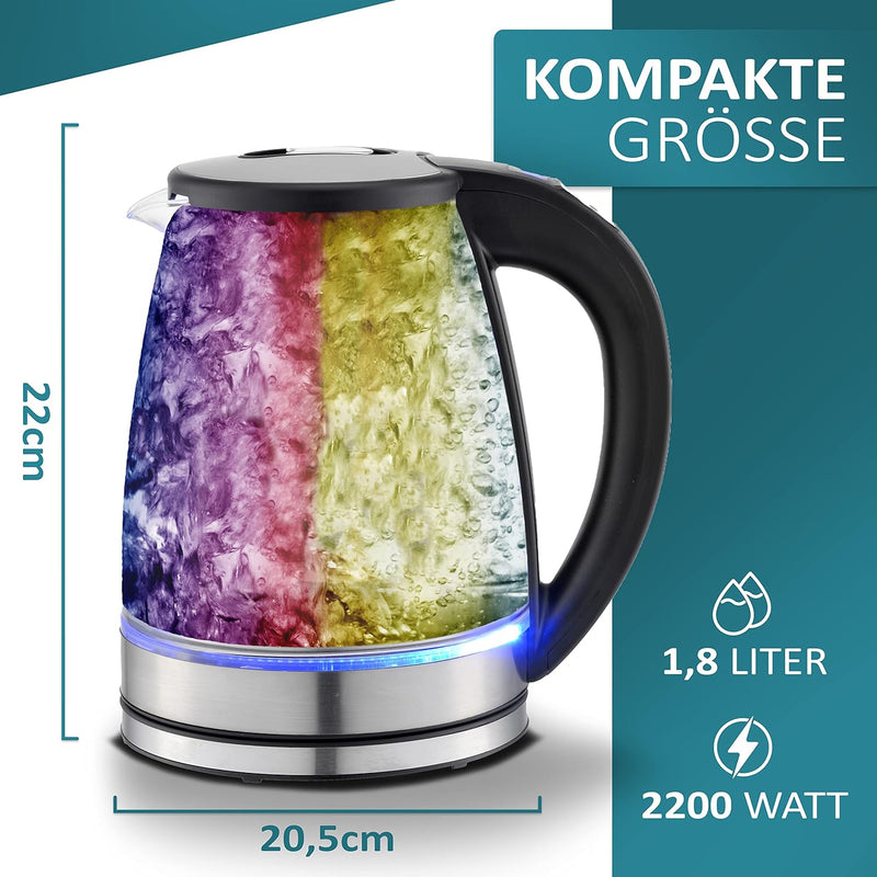 Glas Wasserkocher 1,8 Liter | 2200 Watt | Edelstahl mit Temperaturwahl | Teekocher | 100% BPA FREI |