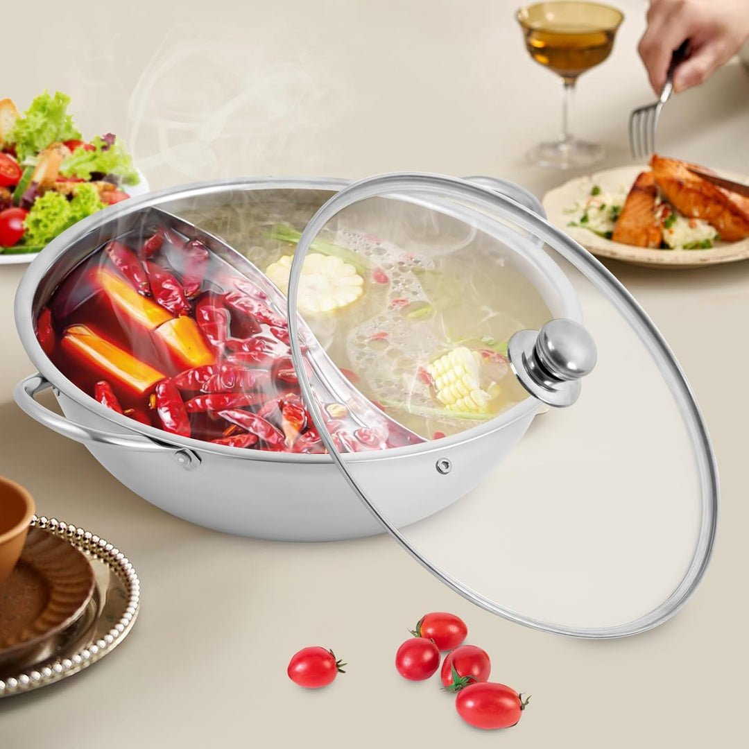 28cm Edelstahl Kochtopf mit Glas Deckel Hotpot Kocher mit Trennwand 2 Kammern Chinesischer Feuertopf