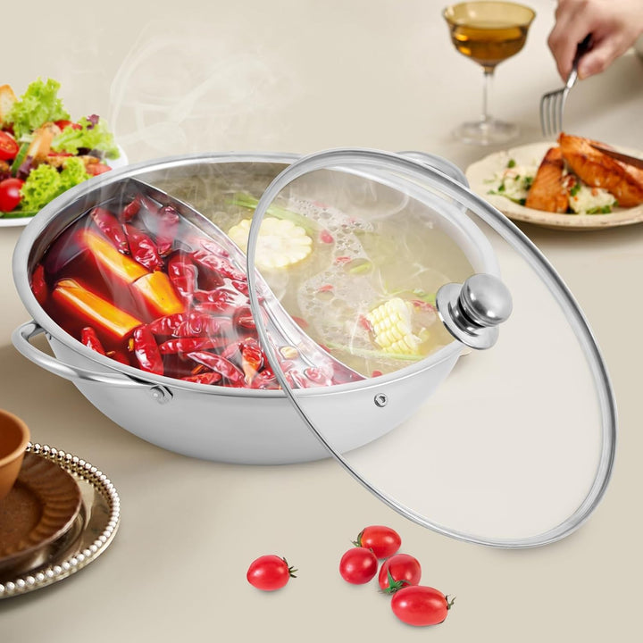 28cm Edelstahl Kochtopf mit Glas Deckel Hotpot Kocher mit Trennwand 2 Kammern Chinesischer Feuertopf