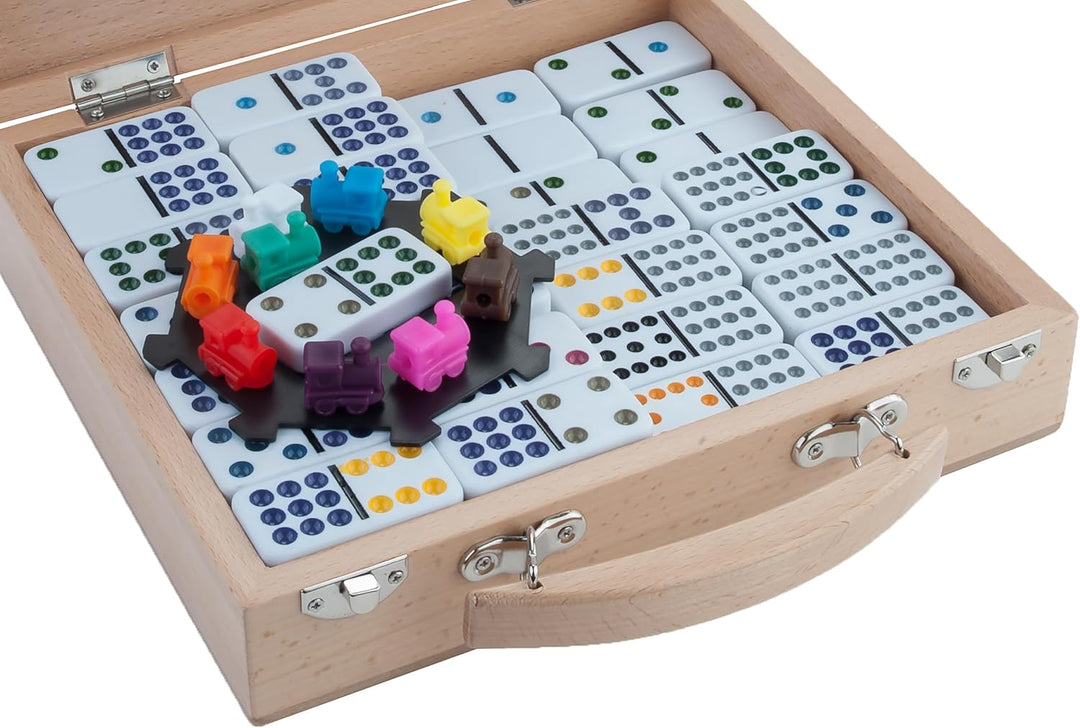Engelhart - 250150 - Mexikanischer Dominozug D12 - Mexican Train Domino mit hochwertigem Holz Koffer