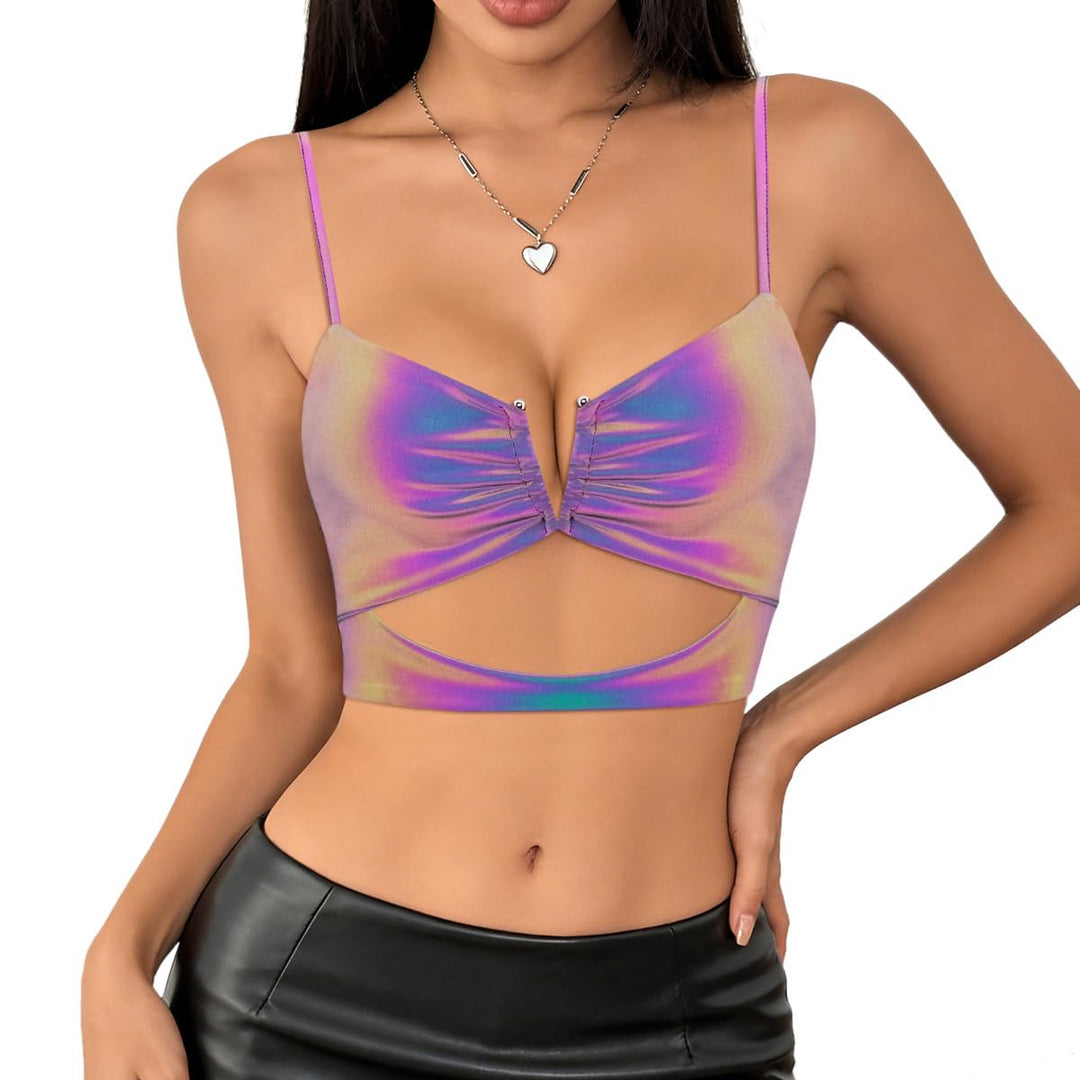 Naimo Damen Glänzend Reflektierendes Cut Out Crop Top Ärmellos Spaghettiträger Tank Tops Cami Weste